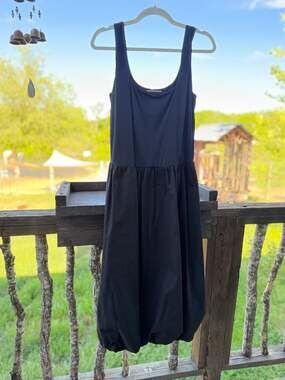 Black Ribbed Scoop Neck Mixed Fabric Smock Midaxi Dress